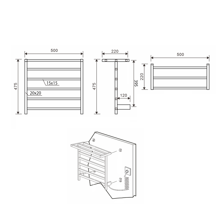 ELZOR Elektryczna suszarka na ręczniki 500x470mm, 60W, czarny mat EB510