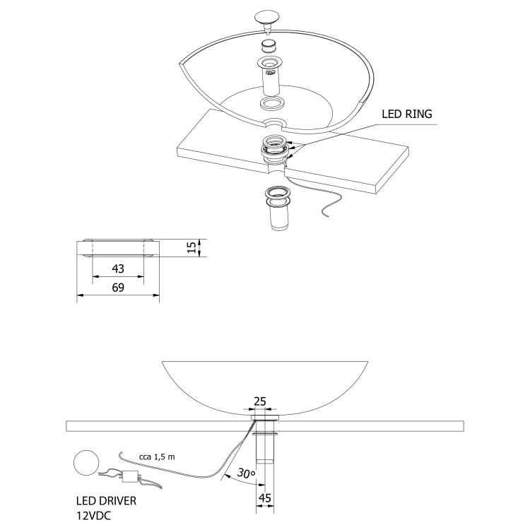 LEDRING oświetlenie pod szklane umywalki 12V, 1,2W, 5000-5500K WP94051LED