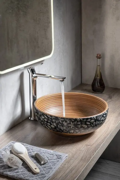 PRIORI umywalka ceramiczna, średnica 41 cm, 15 cm, brązowa z niebieskim wzorem PI023