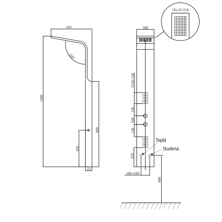 JACOB panel prysznicowy 200x1500mm, czarny WN683