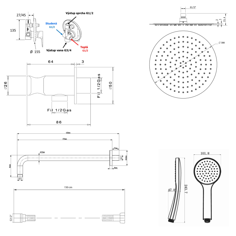 KAI zestaw prysznicowy podtynkowy z baterią podtynkową, 2 wyjścia, czarny KA42/15-01