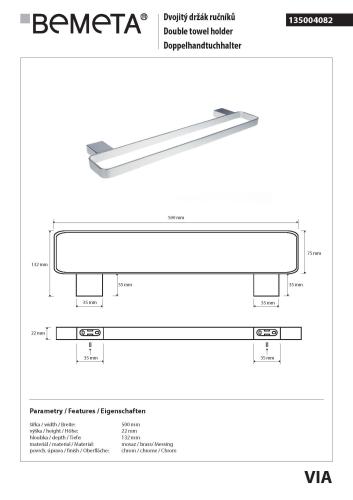 VIA Wieszak na ręcznik podwójny 50x13 cm 135004082, wymiary