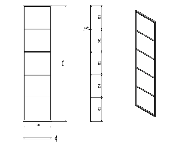 SKA wieszak - drabinka łazienkowa do oparcia , 420x1700x20mm , czarny mat SKA551