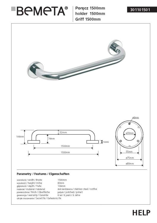 HELP Poręcz prosta 150 cm stal nierdzewna 301101501, karta produktu