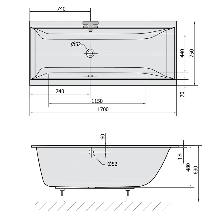 CLEO SLIM wanna prostokątna 170x75x48cm, biała 94611S