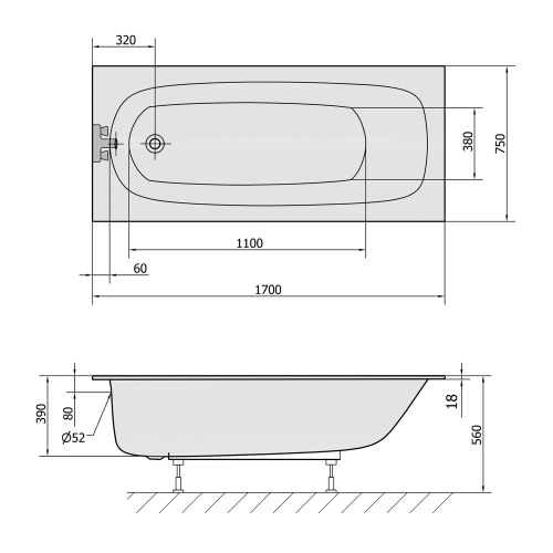 EBRO SLIM wanna prostokątna 170x75x39cm, biała 26711S