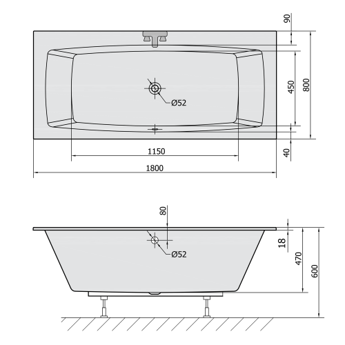 KVADRA SLIM wanna prostokątna 180x80x47cm, biała 17611S