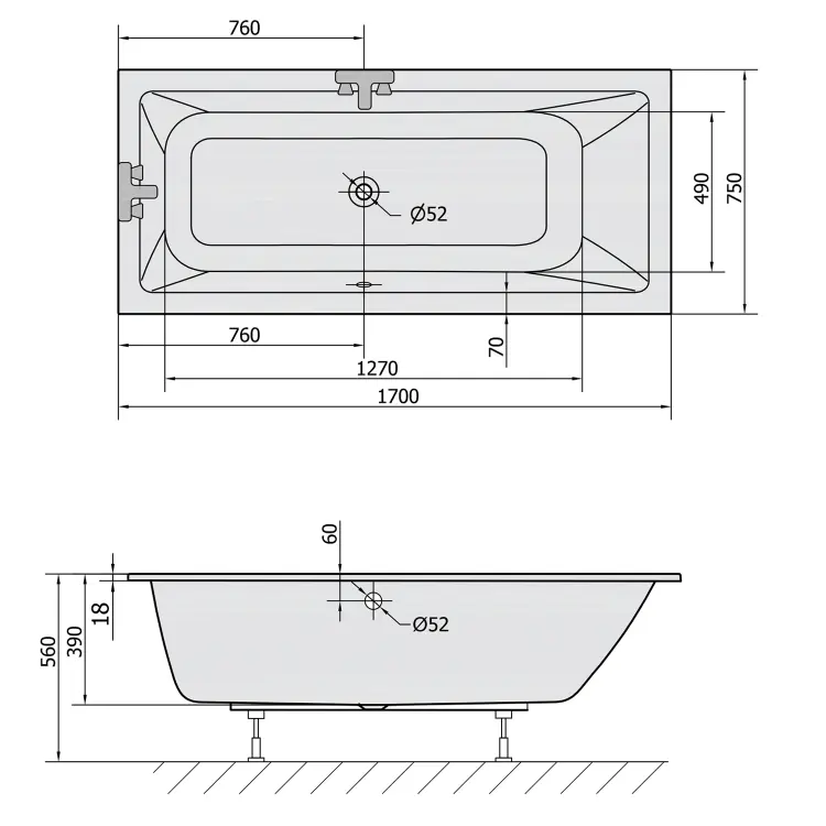MIMOA SLIM wanna prostokątna 170x75x39cm, biała 71709S