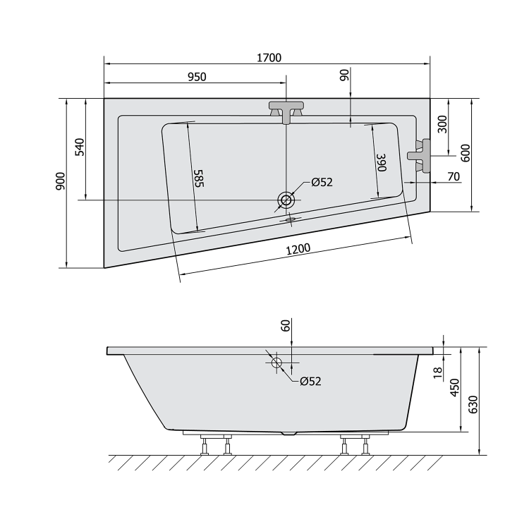 ANDRA L SLIM wanna asymetryczna 170x90x45cm, biała (lewa) 81111S