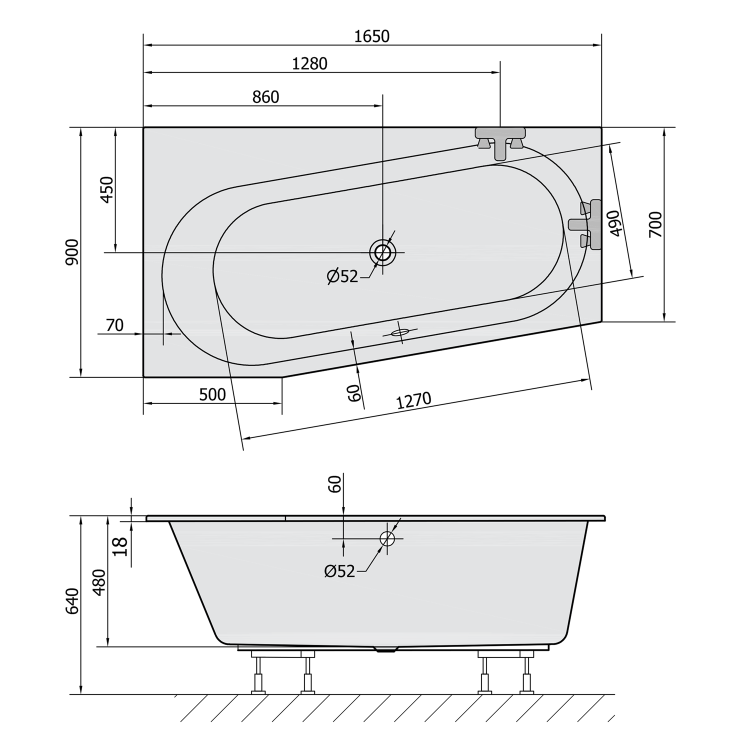 ASTRA WL SLIM wanna asymetryczna 165x90x48cm, biała 30611S