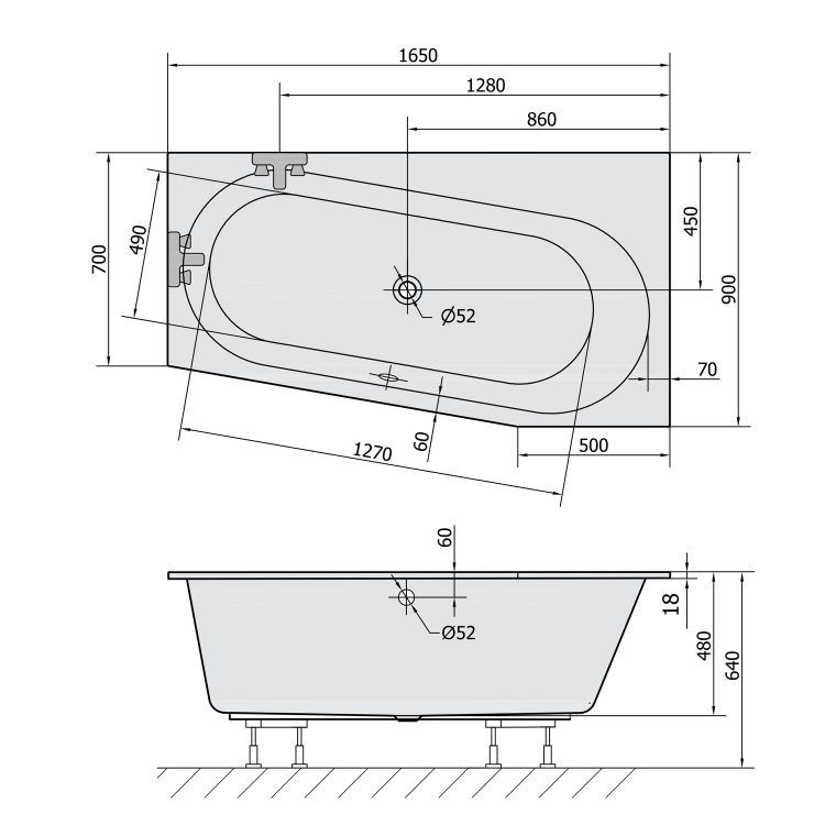 ASTRA WR SLIM wanna asymetryczna 165x90x48cm, biała (prawa) 31611S
