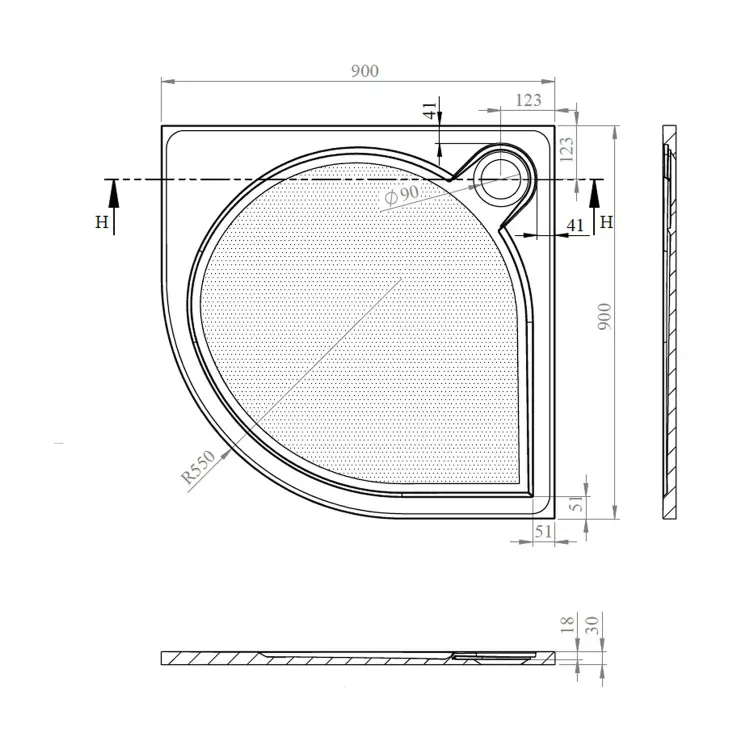 ARCA brodzik prysznicowy kompozytowy, półokrągły 90x90x3 cm, R550 PA559
