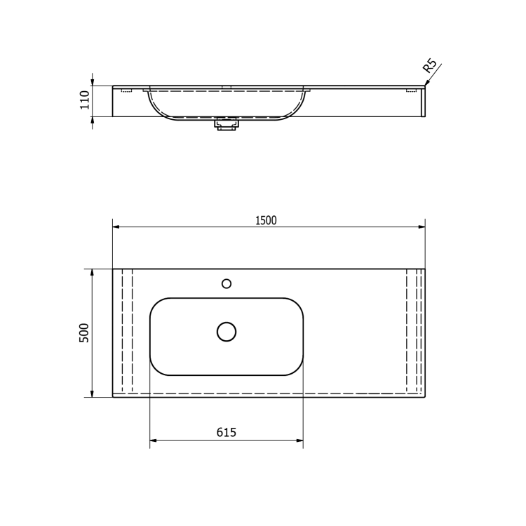 EMICO umywalka lewa, 150x50 cm, wersja L, Rockstone biały mat EM150-B1L-L  rysunek techniczny