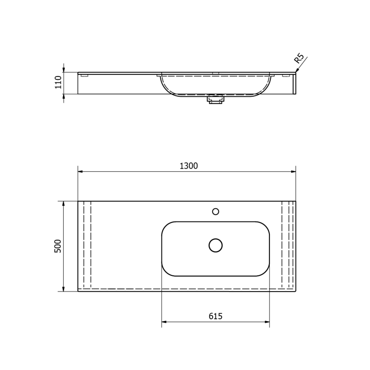 EMICO umywalka prawa, 130x50 cm, wersja R, Rockstone biały mat EM130-B1R-R
