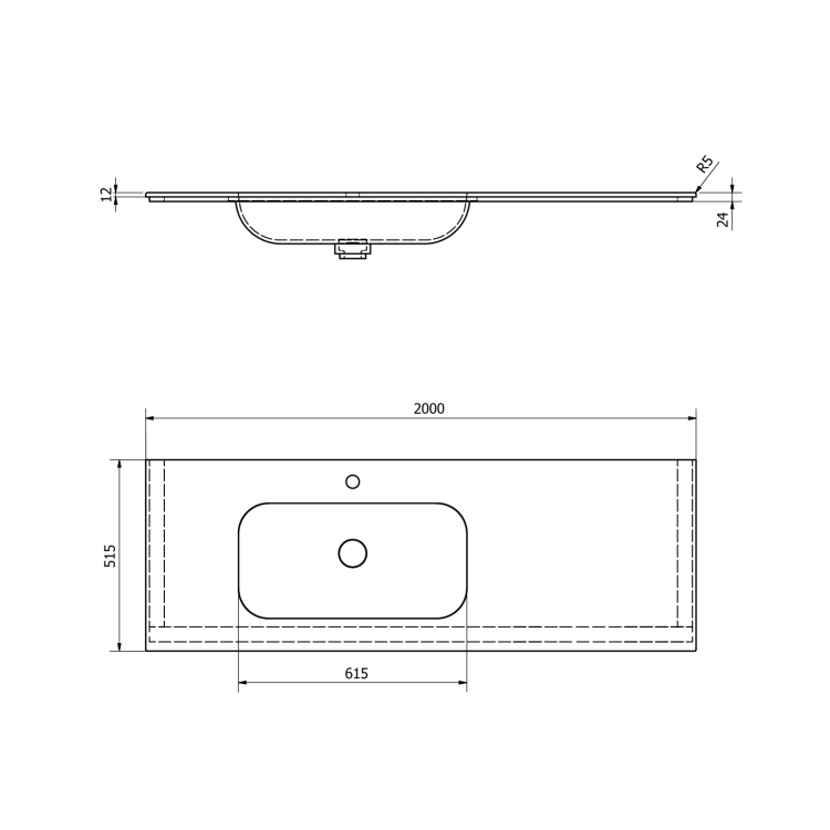 ARUBA umywalka lewa, 200x51,5 cm, Rockstone biały mat AR200-B1L