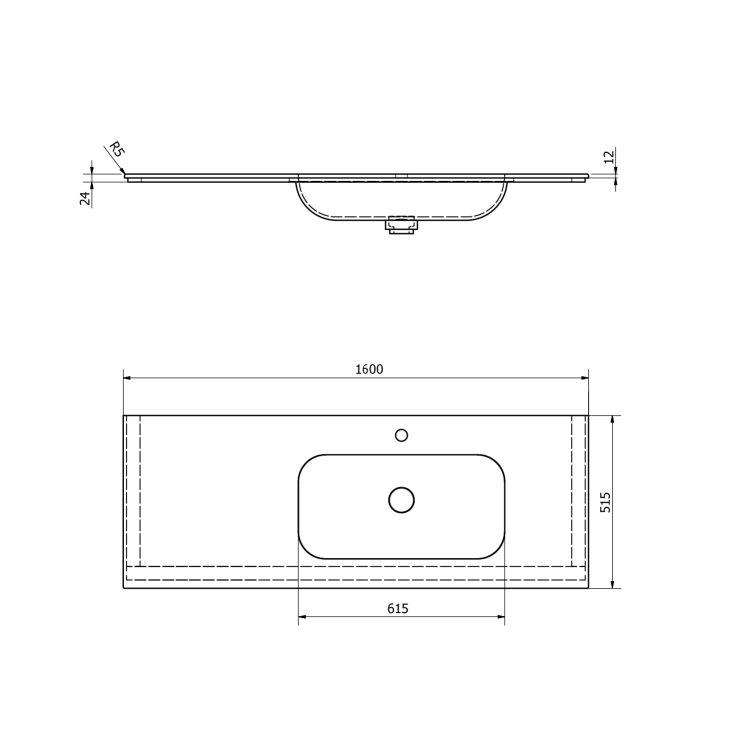 ARUBA umywalka prawa, 160x51,5 cm, Rockstone biały mat AR160-B1R