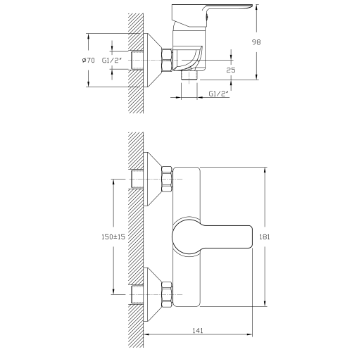 BARON bateria prysznicowa ścienna, rozstaw 150mm, chrom 612.011.1