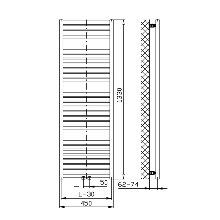 TONDI grzejnik łazienkowy 450x1330 mm, podłączenie centralne, biały DT470T