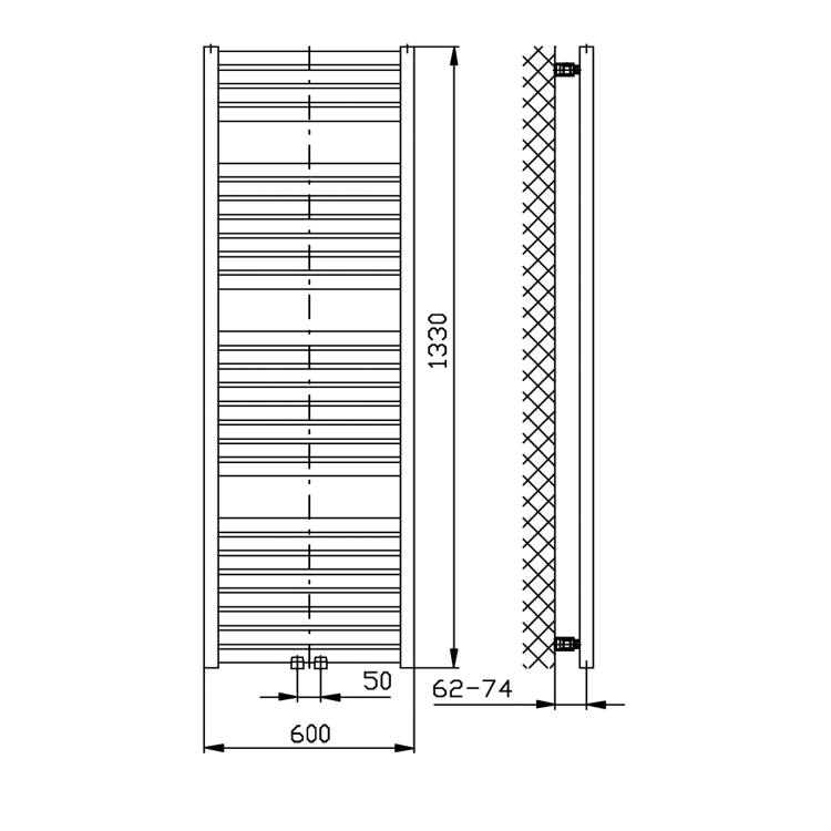 TONDI grzejnik łazienkowy 600x1330 mm, podłączenie centralne, czarny mat DT486T