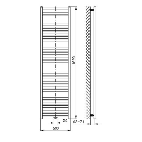 TONDI grzejnik łazienkowy 600x1690 mm, podłączenie centralne, czarny mat DT496T