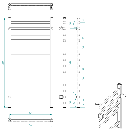 METRO Grzejnik łazienkowy chrom 239 W 450x890 mm 0411-03