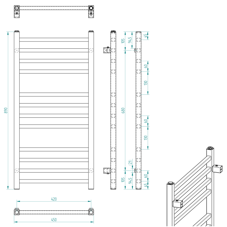 METRO Grzejnik łazienkowy chrom 239 W 450x890 mm 0411-03