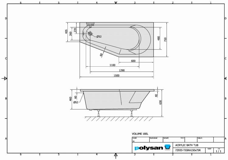TIGRA Wanna akrylowa asymetryczna 150x75 cm (prawa) 72933 rysunek techniczny