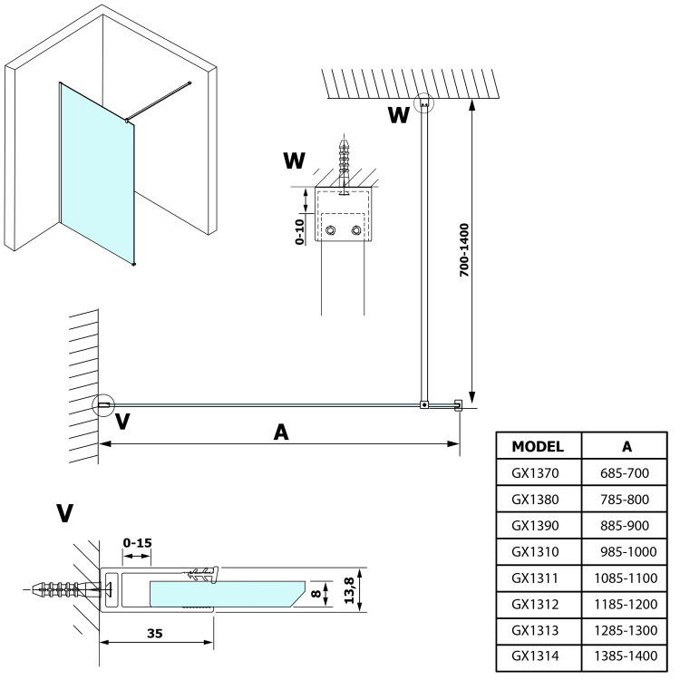 VARIO CHROME jednoczęściowa kabina prysznicowa Walk-In, montaż przy ścianie, szkło dymione, 700 mm GX1370GX1010