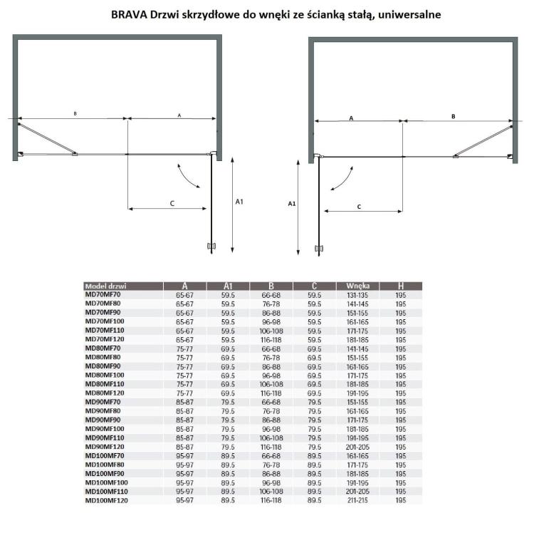 BRAVA Drzwi prysznicowe do wnęki skrzydłowe 170x195 cm MD90MF90