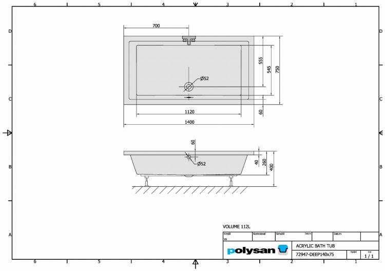 DEEP Brodzik akrylowy prostokątny wysoki 140x75 cm 72947 rysunek techniczny