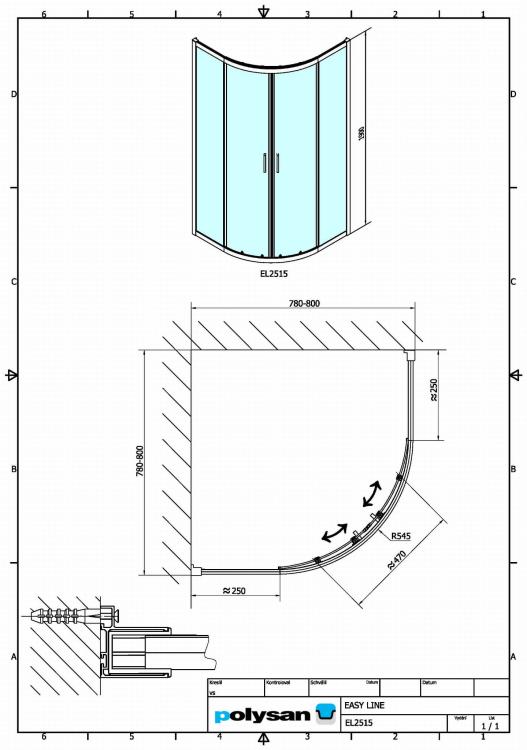EASY kabina prysznicowa narożna półokrągła 80x80x190 cm EL2515 rysunek