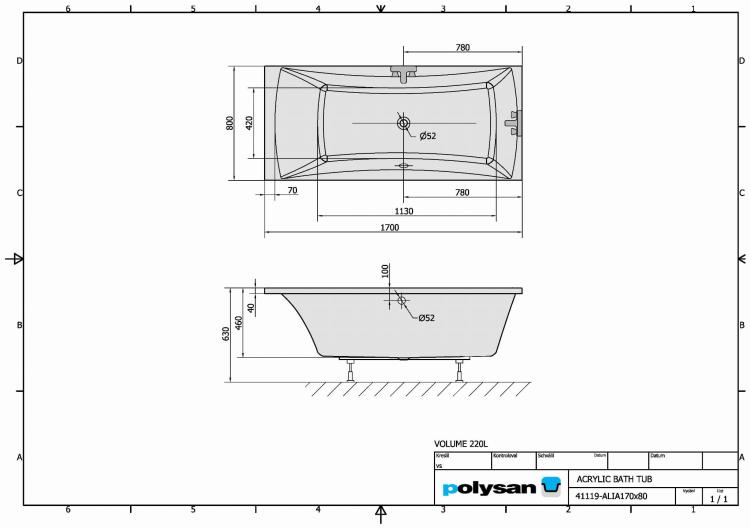ALIA Wanna akrylowa prostokątna 170x80 cm 41119 rysunek techniczny