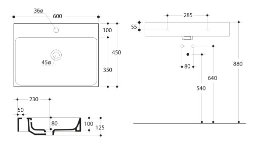 CENTO Umywalka ceramiczna 60x45 cm 353101 wymiary