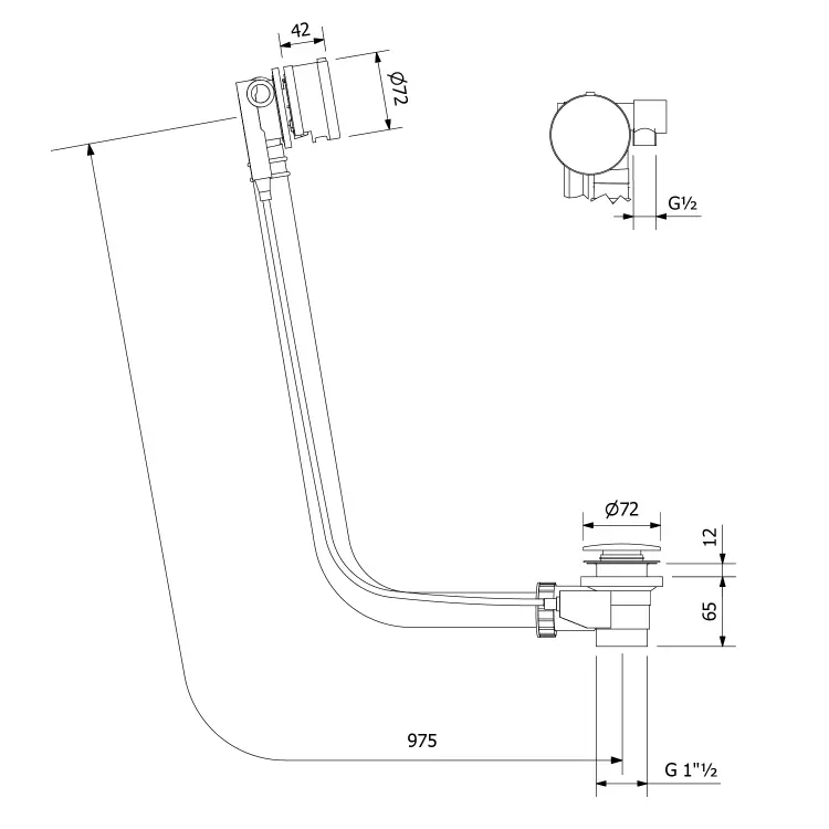 Syfon automatyczny do wanny z napełnianiem, dł. 975 mm, korek automatyczny 72 mm, biały 71686W rysunek