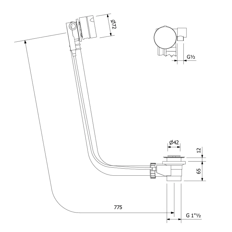 Syfon automatyczny do wanny z napełnianiem, długość 775 mm, korek automatyczny 72 mm, brąz 86388  rysunek