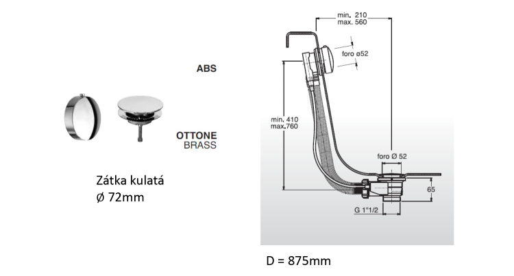 MODEL 06 Syfon automatyczny do wanny, długość 875 mm, korek 72 mm, chrom 065770051 rysunek