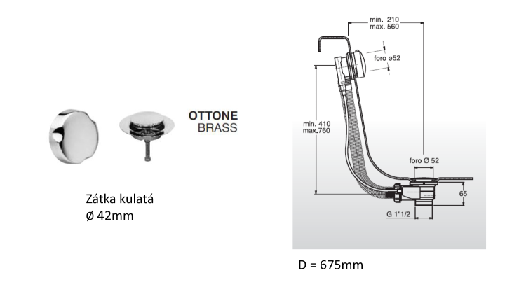 MODEL 06 Syfon automatyczny do wanny, długość 675 mm, korek 42 mm, chrom 063220051 rysunek