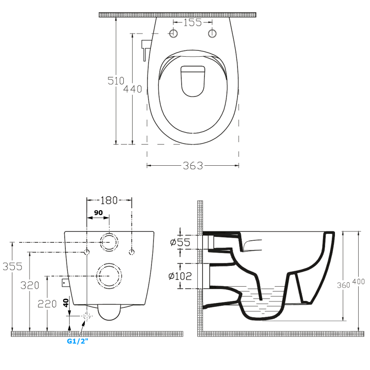 SENTIMENTI WC wiszące Rimless, z prysznicem bidetowym i zawor, 36x51 cm, biały 10ARS1010 rysunek