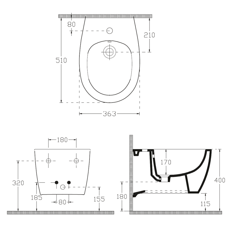 SENTIMENTI bidet wiszący 36x51 cm 10AR41010SV rysunek