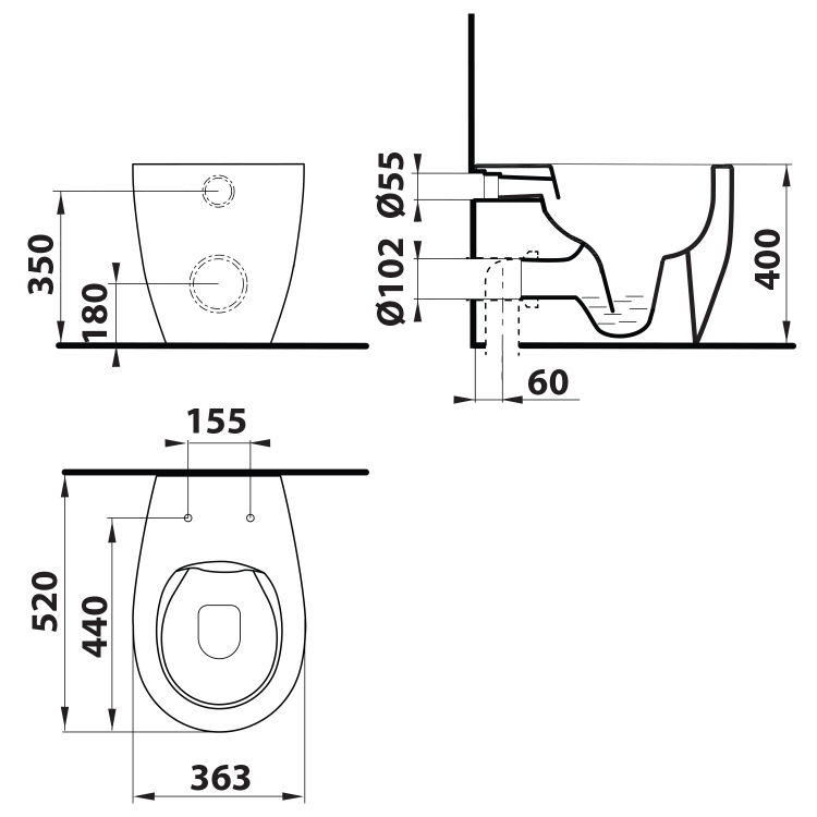 SENTIMENTI miska WC 36x52 cm, Rimless, dolny/tylny odpływ, biały 10SM10004SV rysunek