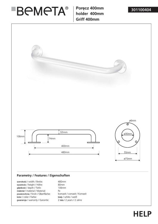 HELP Poręcz prosta 40 cm kolor biały 301100404, karta produktu