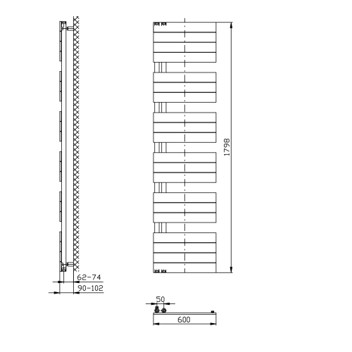 MILI grzejnik łazienkowy 600x1798 mm, czarny mat DC656T wymiary
