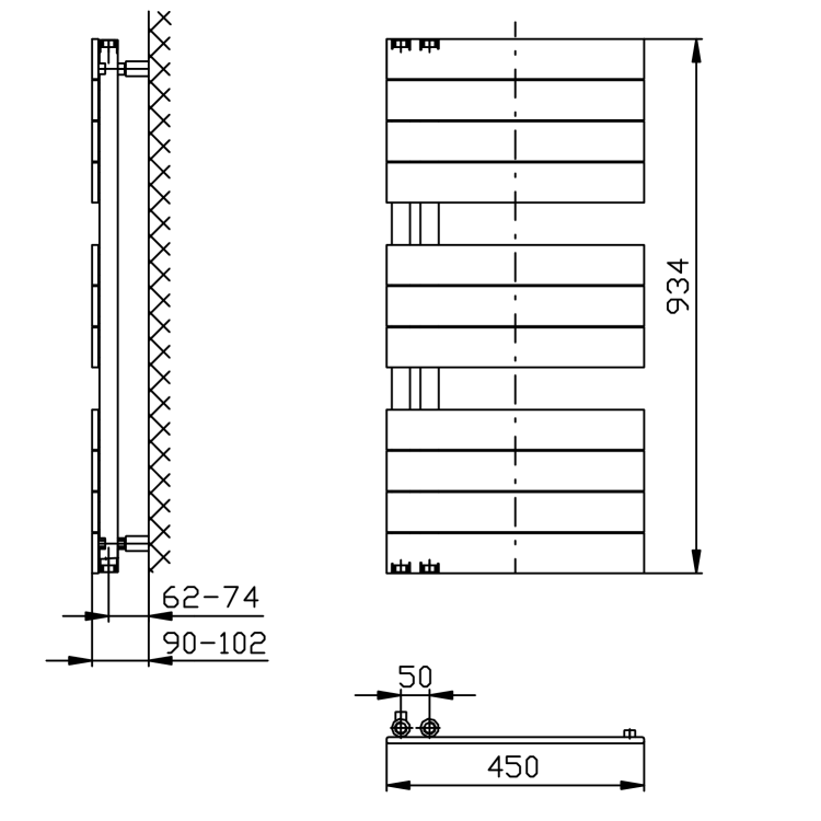 MILI grzejnik łazienkowy 450x934 mm, czarny mat DC606T wymiary