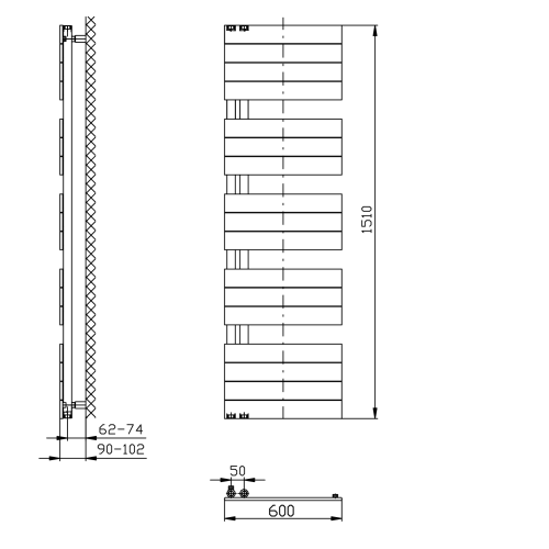 MILI grzejnik łazienkowy 600x1510 mm, czarny mat DC646T wymiary