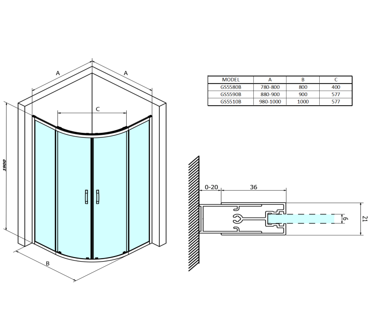 SIGMA SIMPLY BLACK kabina prysznicowa półokrągła 800x800 mm, R550, szkło czyste GS5580B wymiary