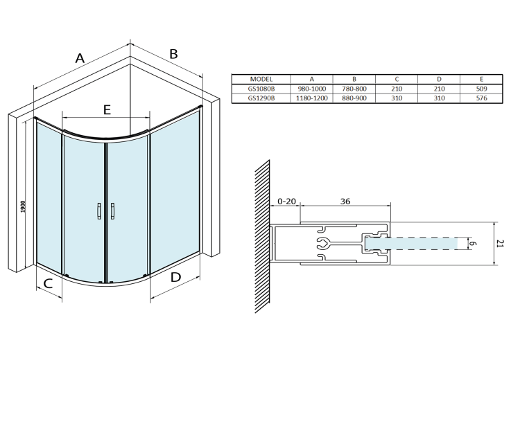 SIGMA SIMPLY BLACK kabina prysznicowa półokrągła 1200x900 mm, R550, szkło czyste GS1290B wymiary