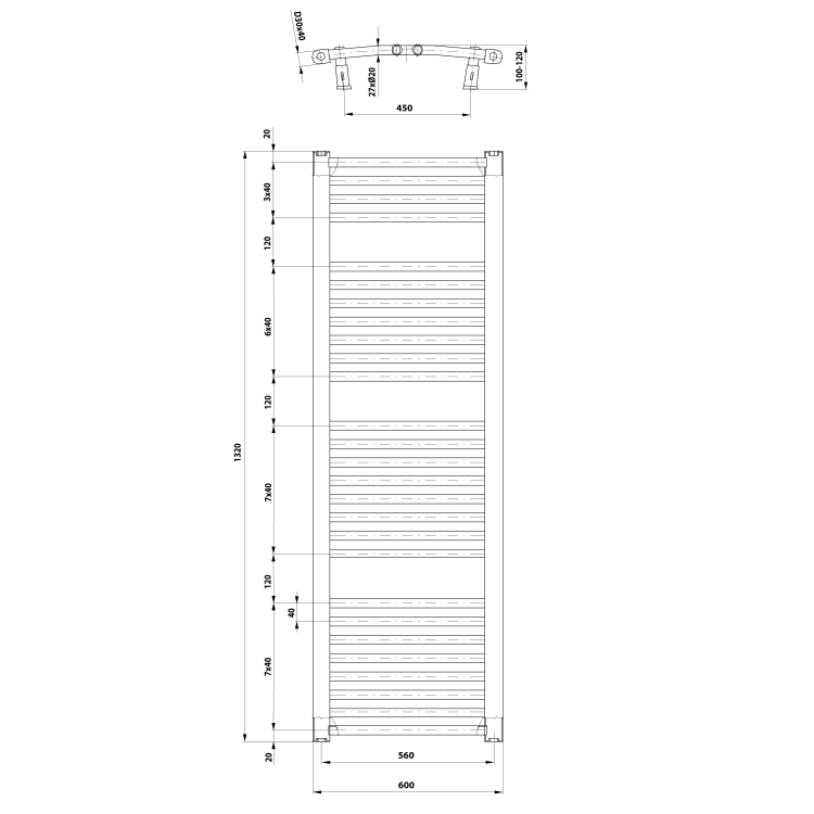 ORBIT grzejnik łazienkowy owalny , 600x1320 mm, 795 W, biały ILO36T wymiary