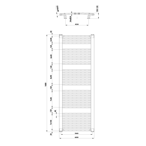 ORBIT grzejnik łazienkowy owalny,600x1680 mm, 1013 W, biały ILO66T wymiary