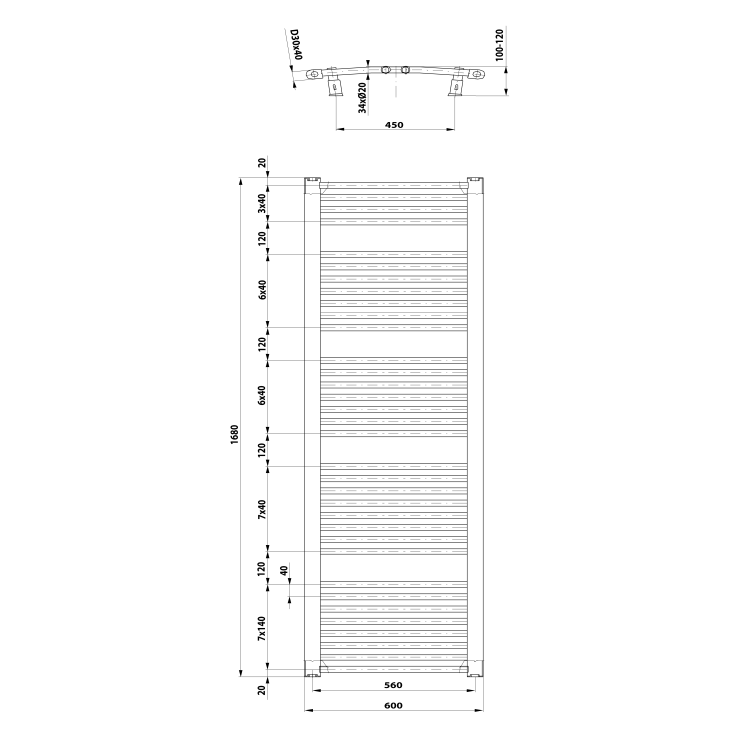 ORBIT grzejnik łazienkowy owalny,600x1680 mm, 1013 W, biały ILO66T wymiary
