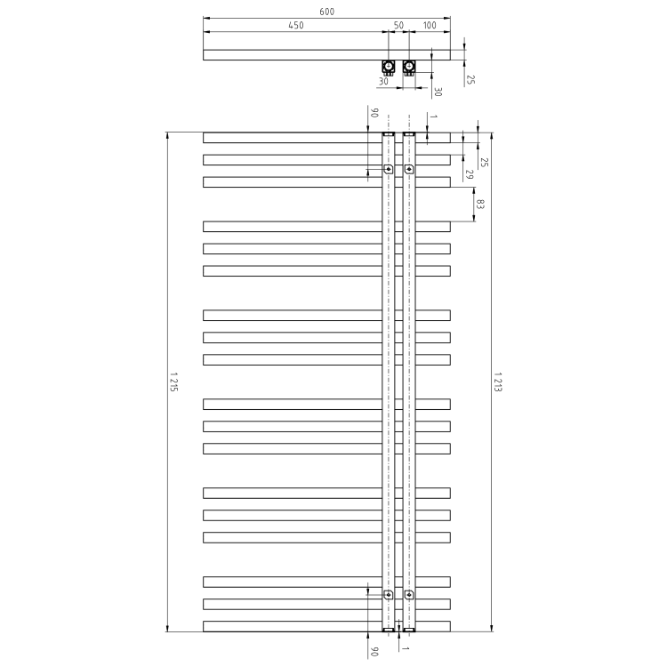 SOPHINA grzejnik łazienkowy 600x1215mm, biały mat IR701W  wymiary